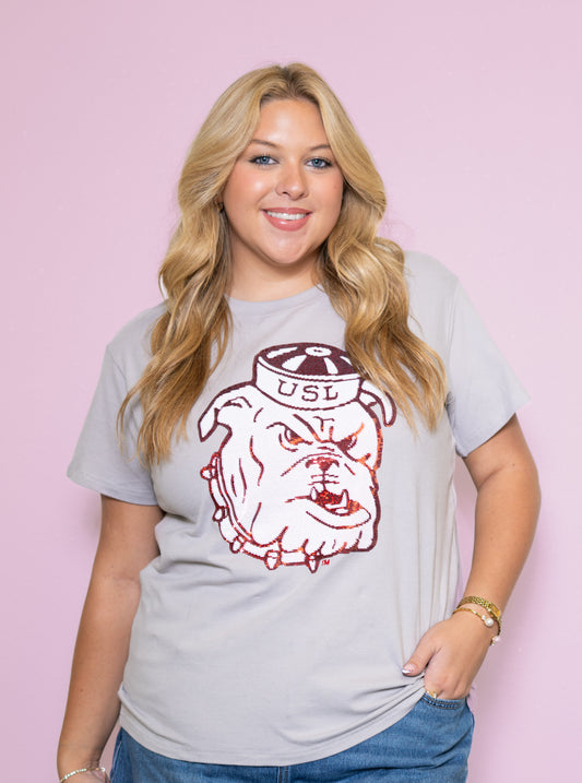 UL Vintage Ragin' Cajuns (Licensed) | Women's Sequin Design Tee (Grey)