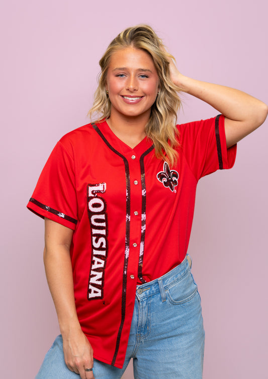 UL Ragin' Cajuns (Licensed) | Women's Sequin Embroidery Baseball Jersey (Red)