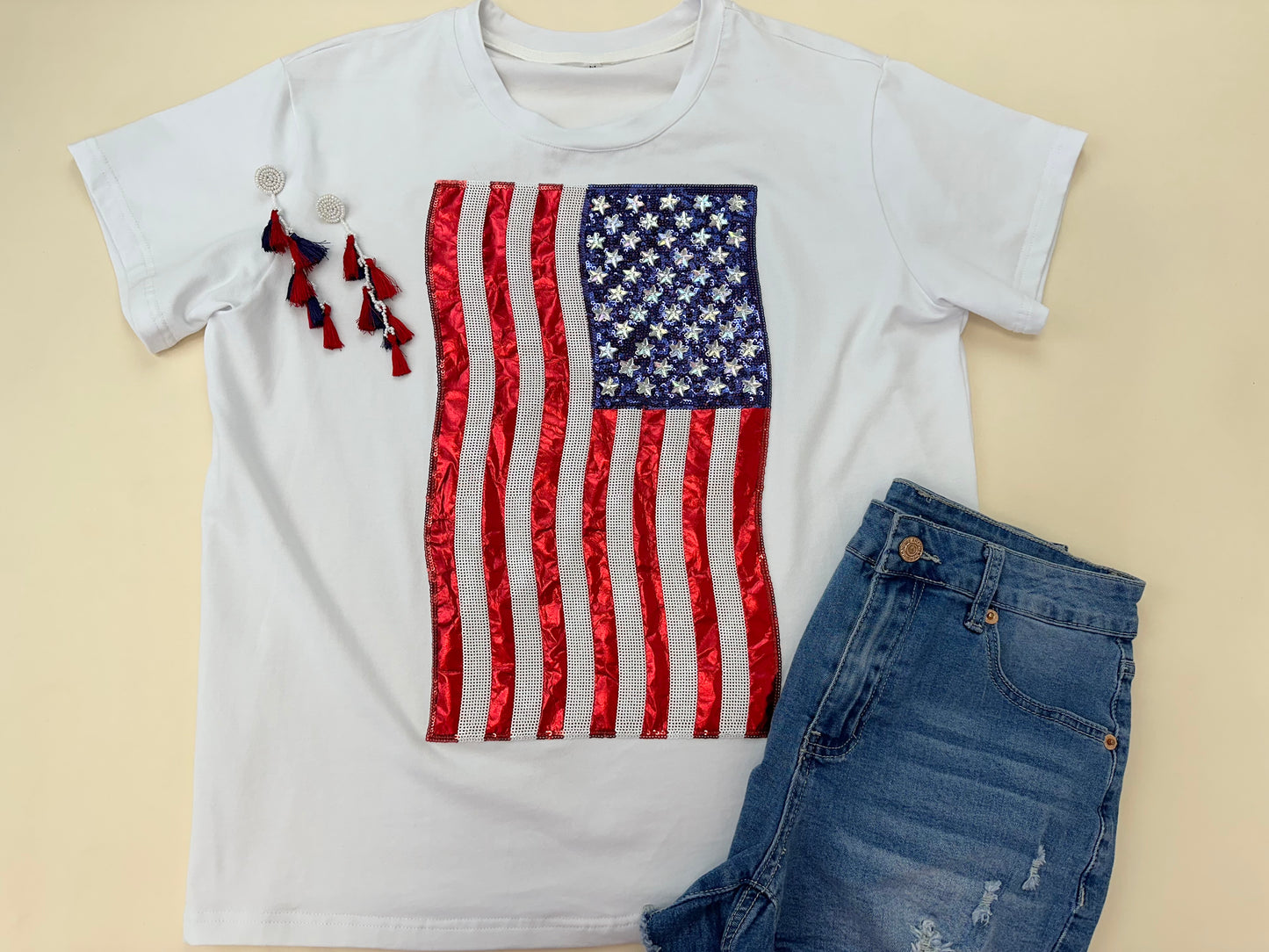 USA American Flag Tee | Women's Sequin + Metallic Embroidery Tee (White)