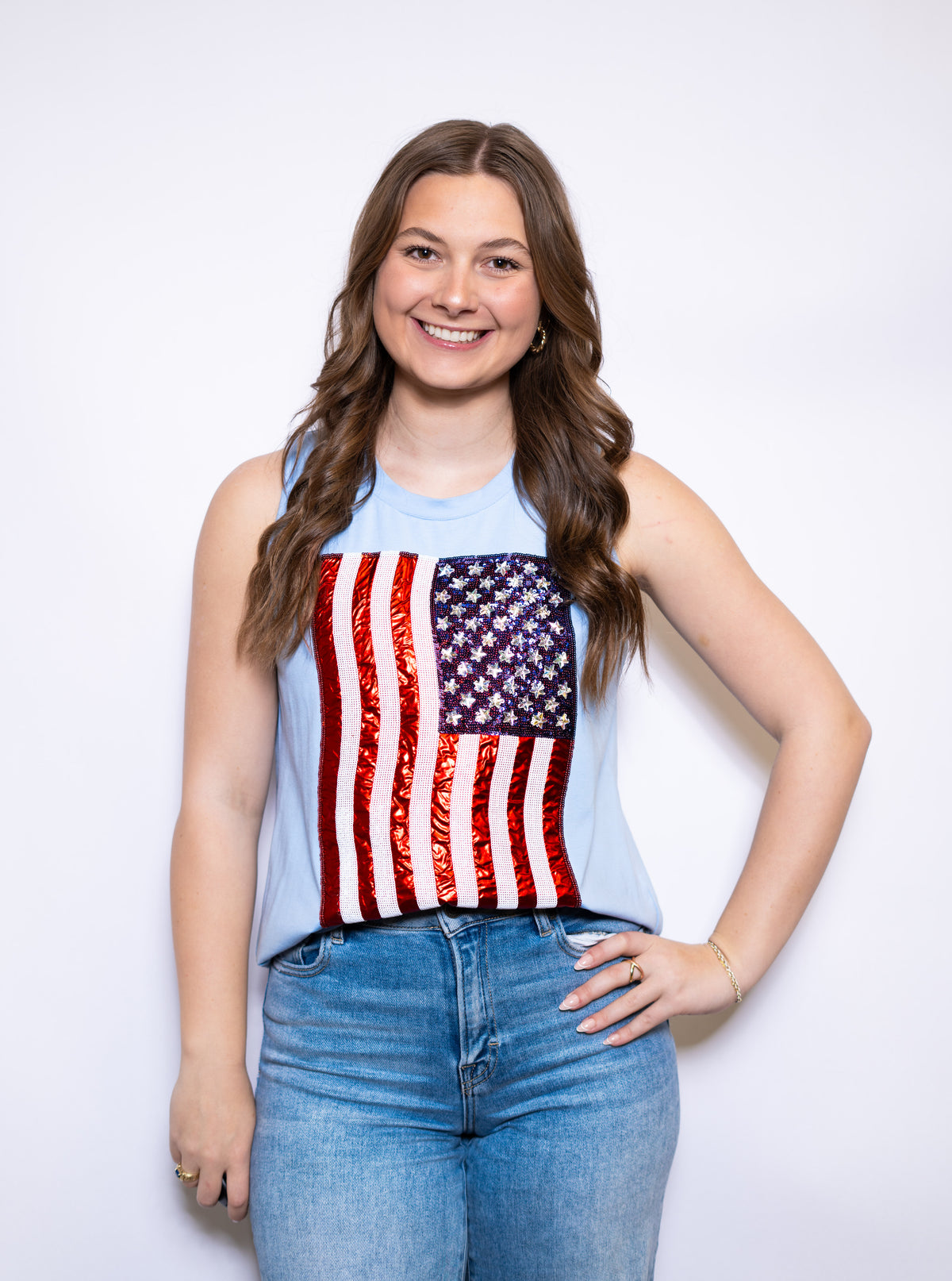 USA American Flag Tank | Women's Sequin + Metallic Embroidery Tee (Blue)