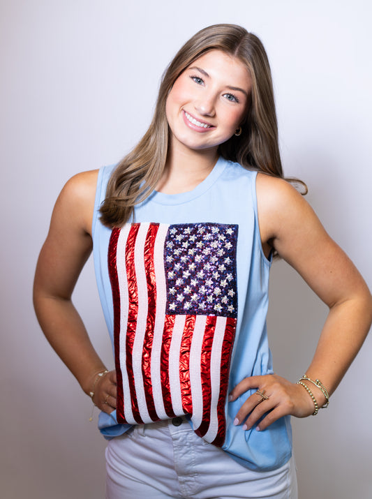 USA American Flag Tank | Women's Sequin + Metallic Embroidery Tee (Blue)