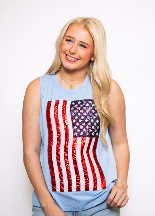 USA American Flag Tank | Women's Sequin + Metallic Embroidery Tee (Blue)