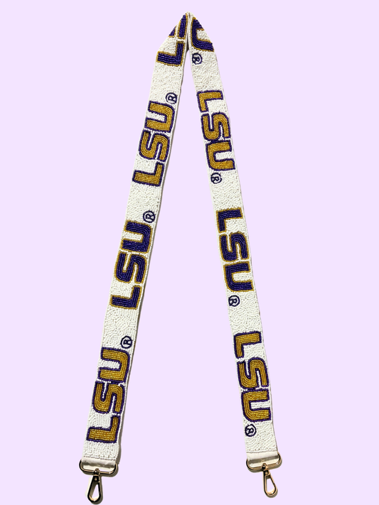 **PRE-ORDER ONLY** Wholesale | LSU Block Logo (Licensed) | Custom Beaded Purse Strap (White)