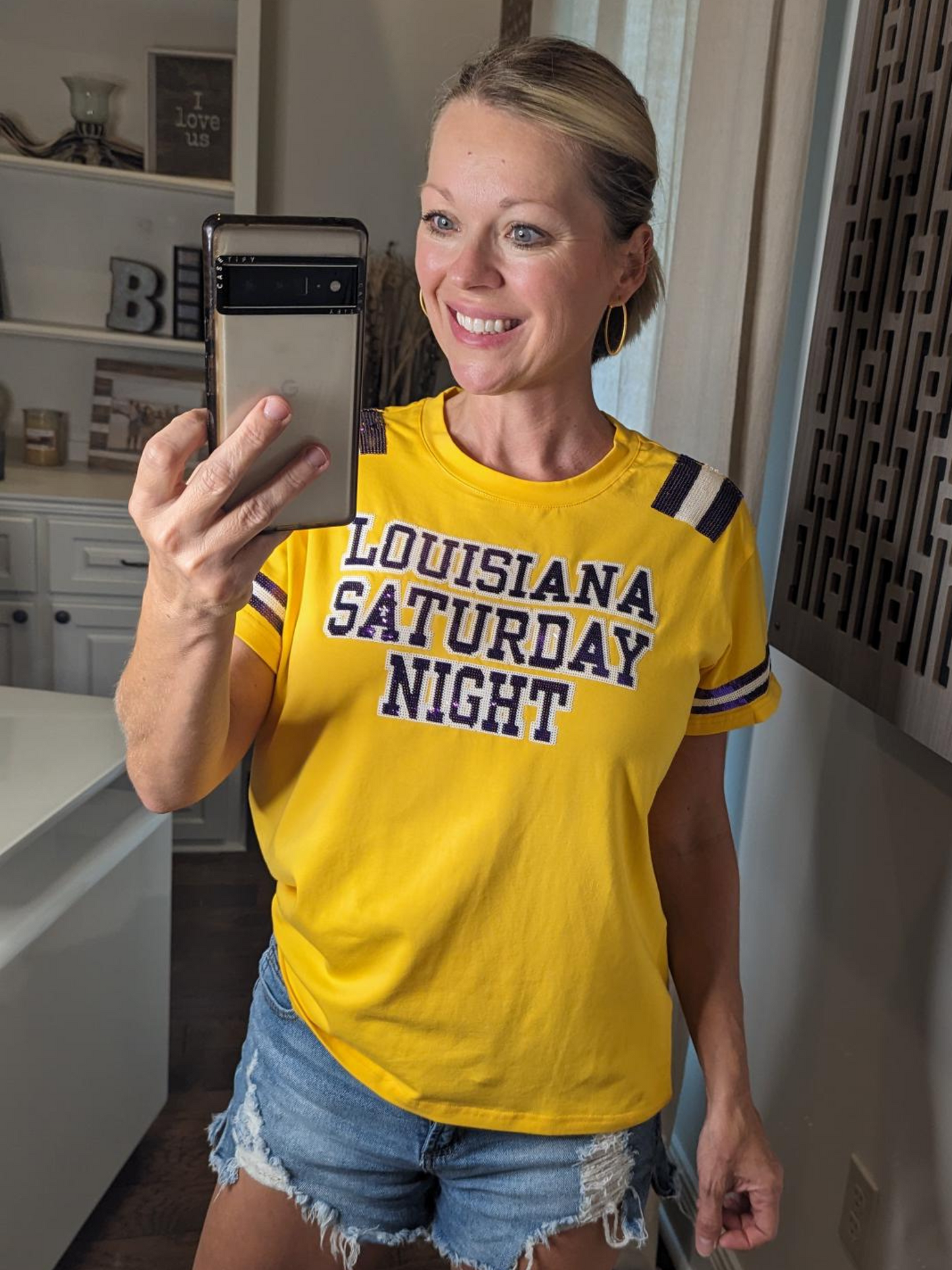 Louisiana Saturday Night | Women's Yellow Sequin Jersey Tee