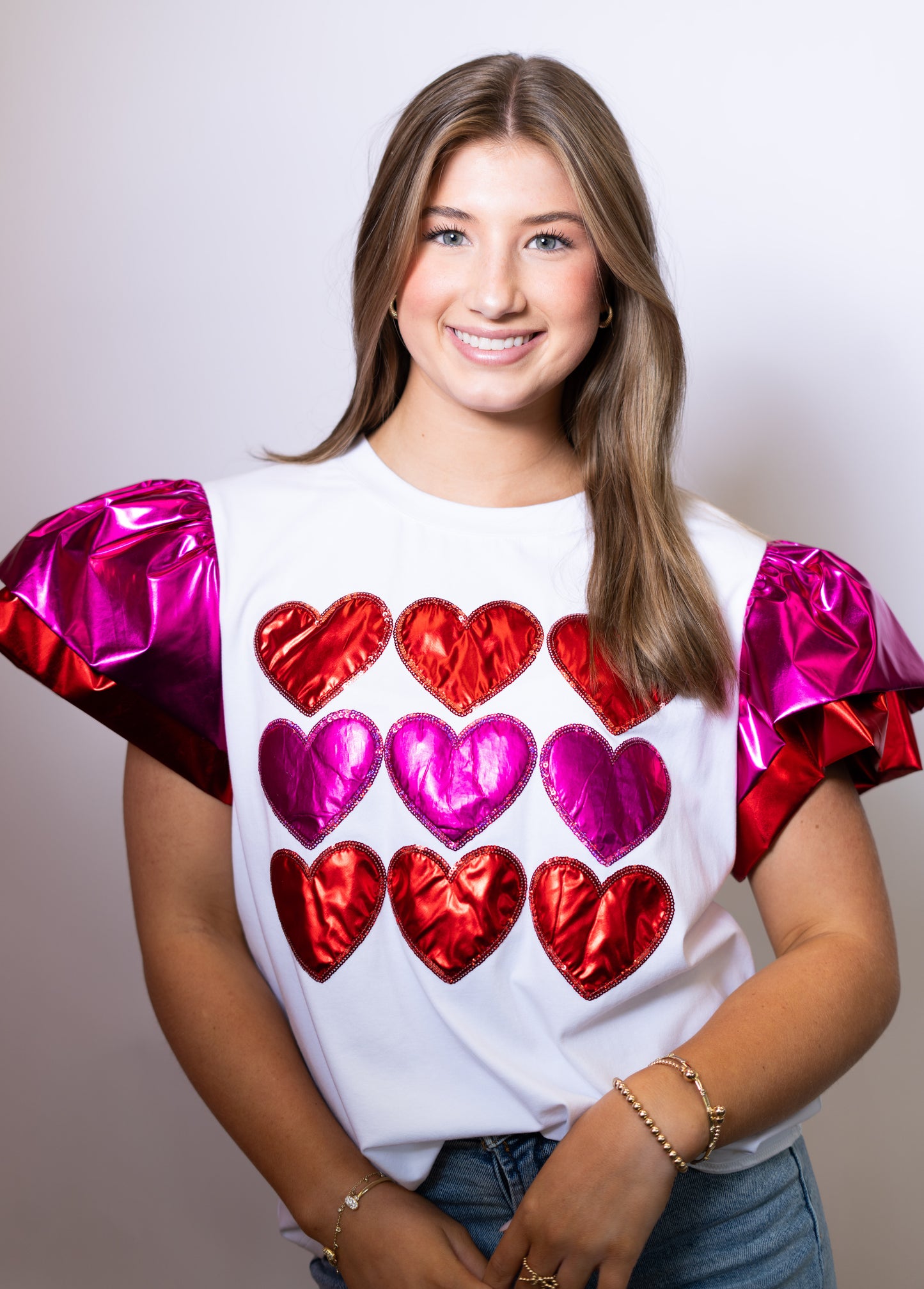 Valentine's Day | Women's Metallic Ruffle Sleeve Tee (White)