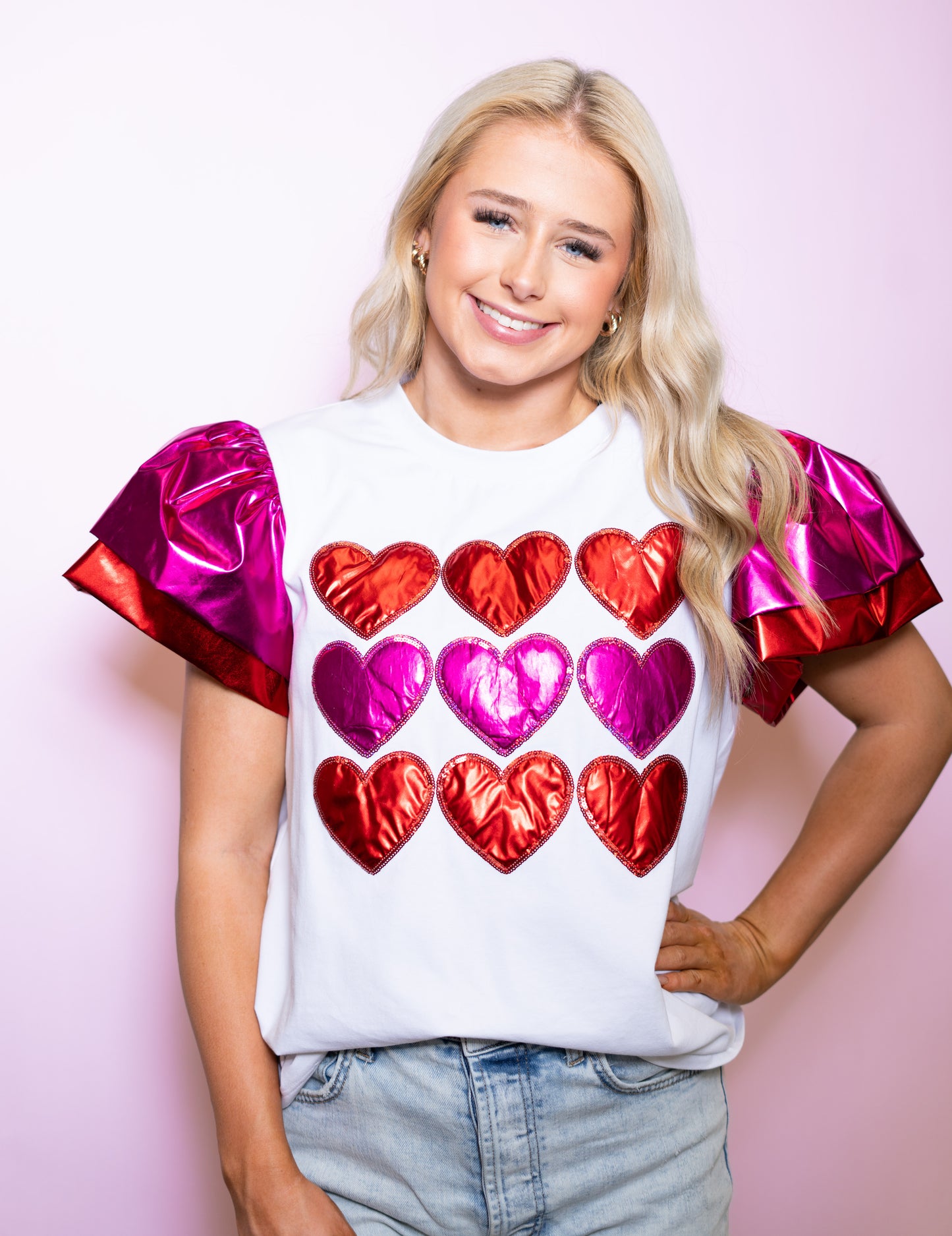 Valentine's Day | Women's Metallic Ruffle Sleeve Tee (White)