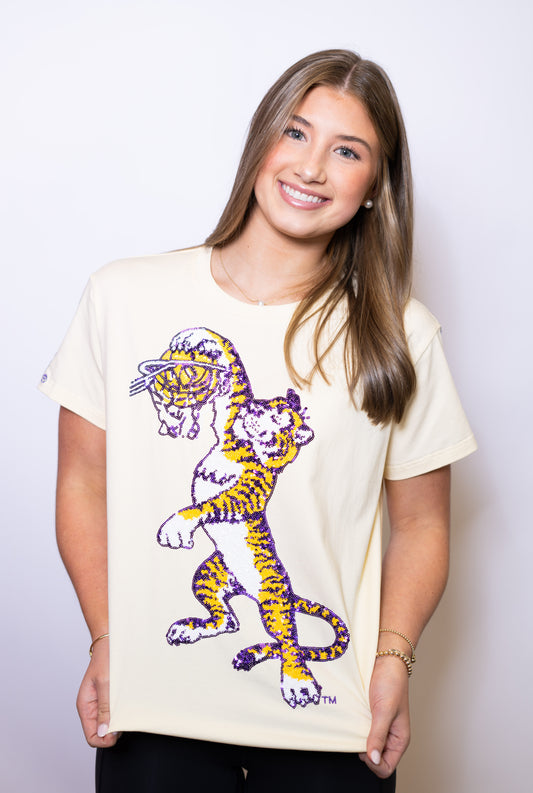 LSU Vintage Basketball Tee (Licensed) | Women's Sequin Design Tee (Butter Yellow)