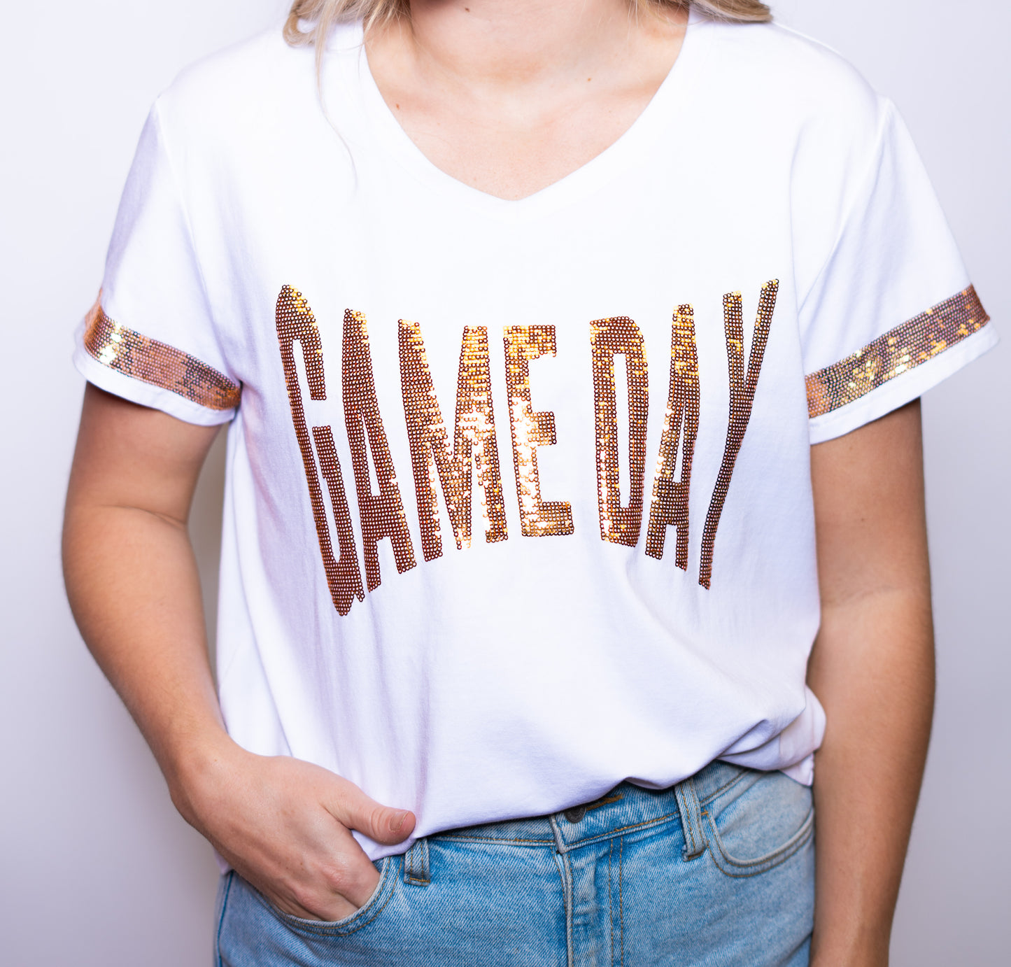 Wholesale- WHITE GAME DAY | Women's Sequin Design V-Neck (White)