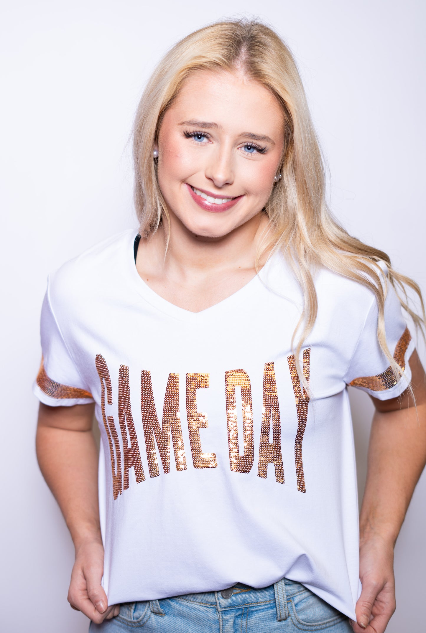 Wholesale- WHITE GAME DAY | Women's Sequin Design V-Neck (White)