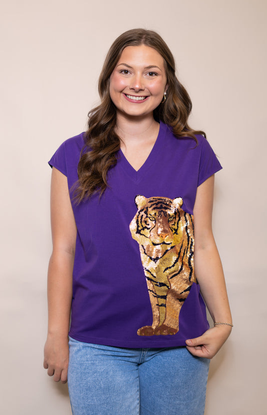 **PRE-ORDER ONLY** Wholesale | Wrap-Around Tiger | Women's Wide Shoulder Sequin Design (Purple)