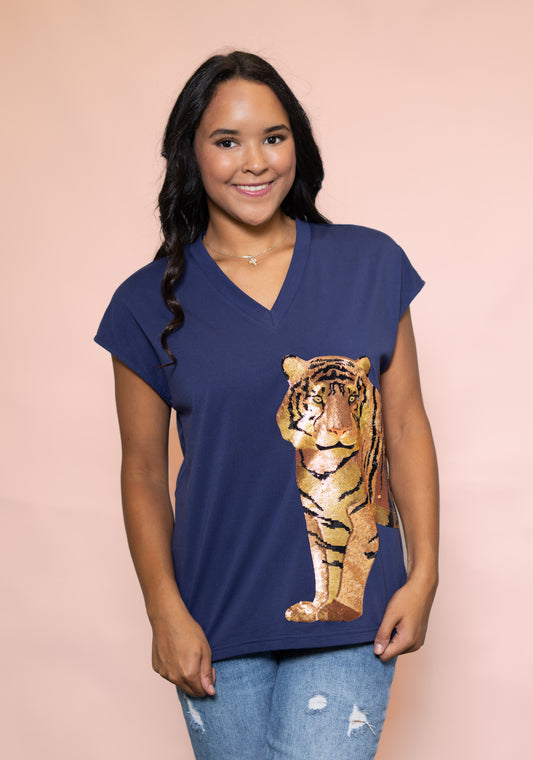**PRE-ORDER ONLY** Wrap-Around Tiger | Women's Wide Shoulder Sequin Design V-Neck Tee (Navy)