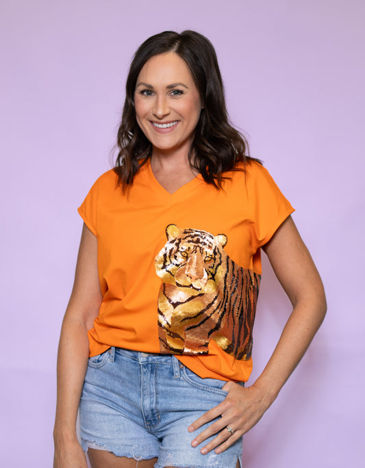 **PRE-ORDER ONLY** Wholesale | Wrap-Around Tiger | Women's Wide Shoulder Sequin Design V-Neck (Orange)