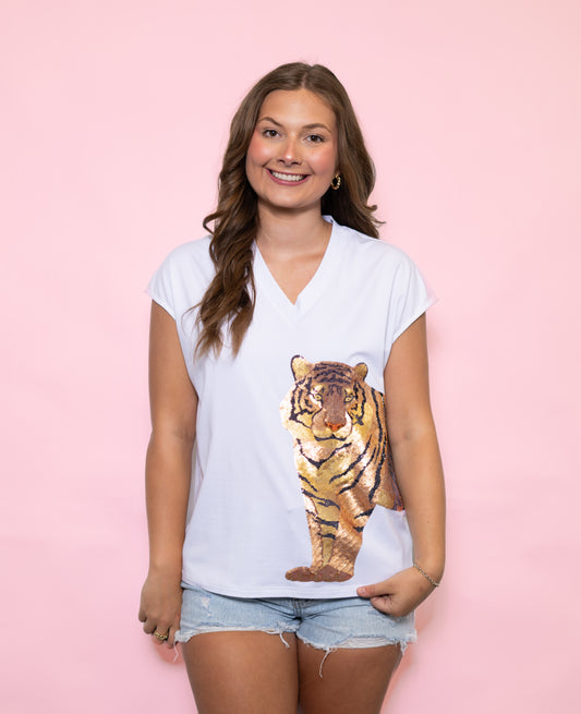 **PRE-ORDER ONLY** Wholesale | Wrap-Around Tiger | Women's Wide Shoulder Sequin Design V-Neck (White)