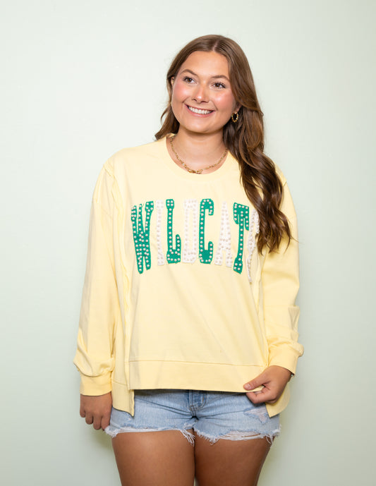 Wildcats | Women's Distressed Embroidery Pullover (Butter Yellow)