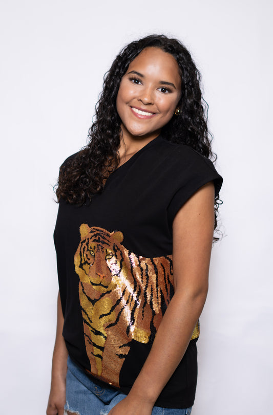 **PRE-ORDER ONLY** Wrap-Around Tiger | Women's Wide Shoulder Sequin Design V-Neck Tee (Black)