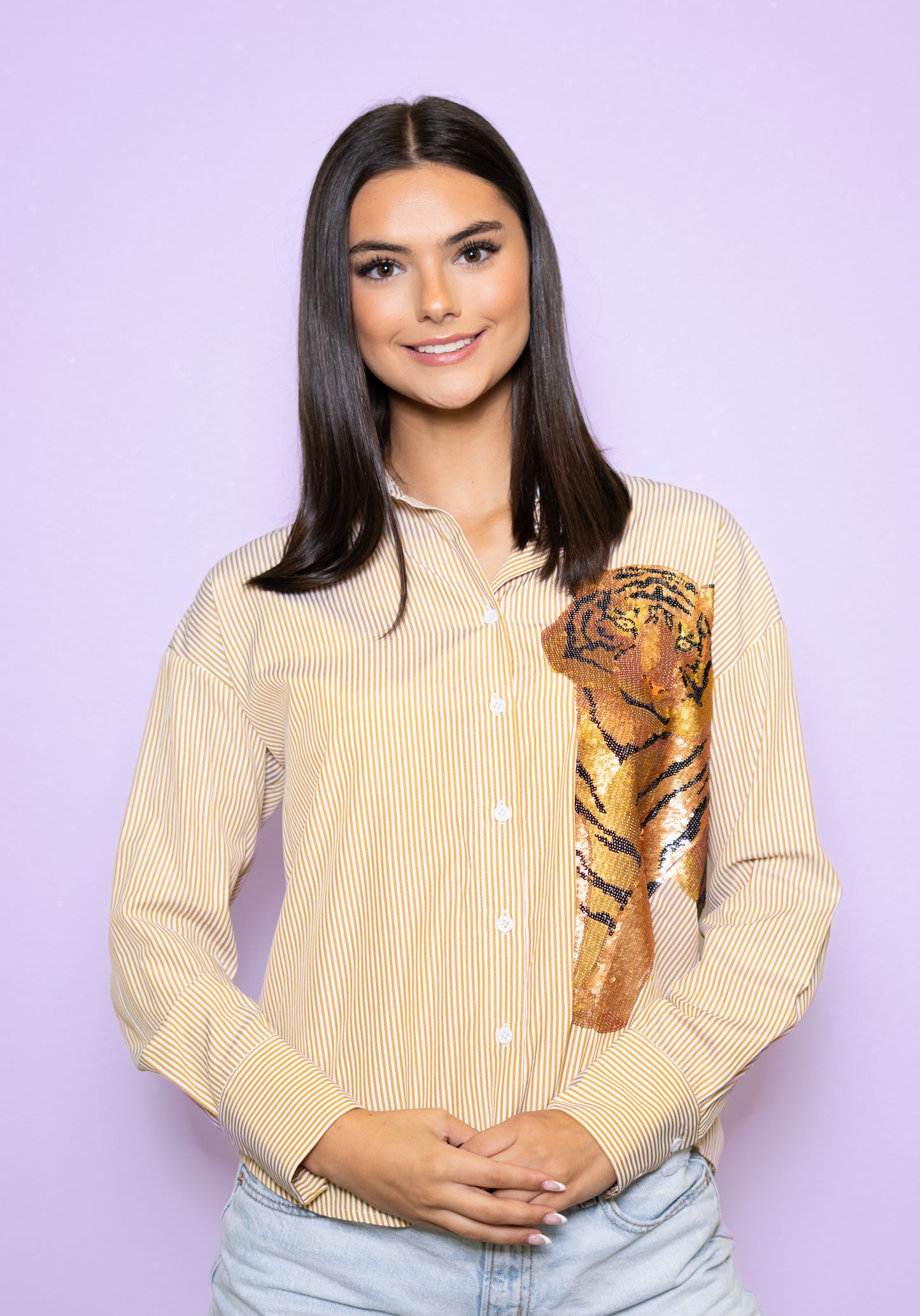 **PRE-ORDER ONLY** Wholesale | Women's Gold Striped Button Down Sequin Tiger Shirt