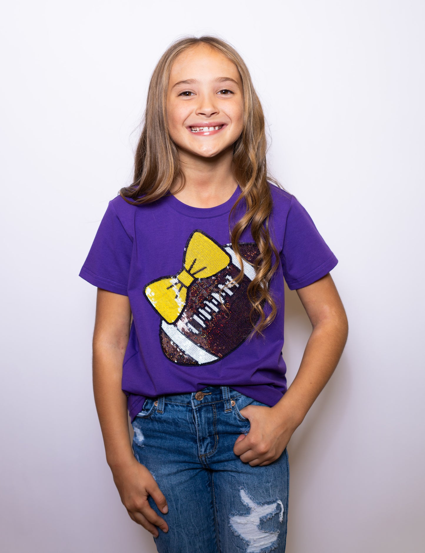 Tiger Football Tee | Youth Sequin Jersey Tee (Purple)