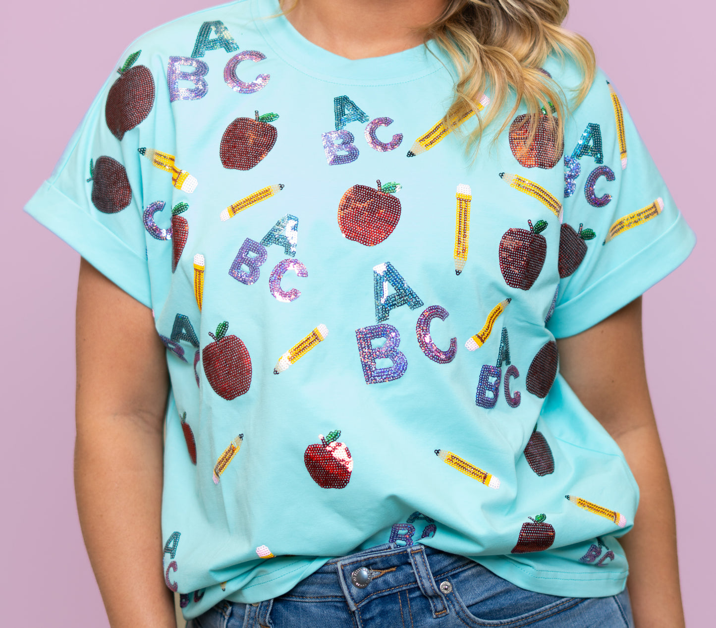 **PRE-ORDER ONLY** Wholesale | Scattered ABCS | Women's Sequin Design Cuff Sleeve Tee (Blue)