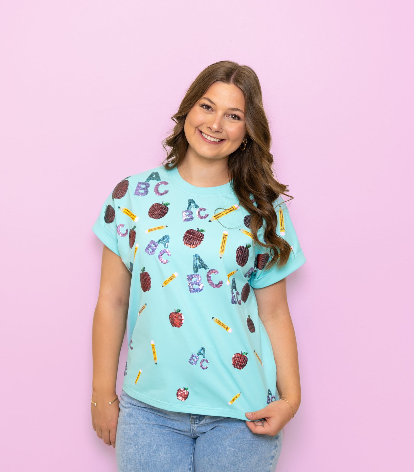 **PRE-ORDER ONLY** Wholesale | Scattered ABCS | Women's Sequin Design Cuff Sleeve Tee (Blue)