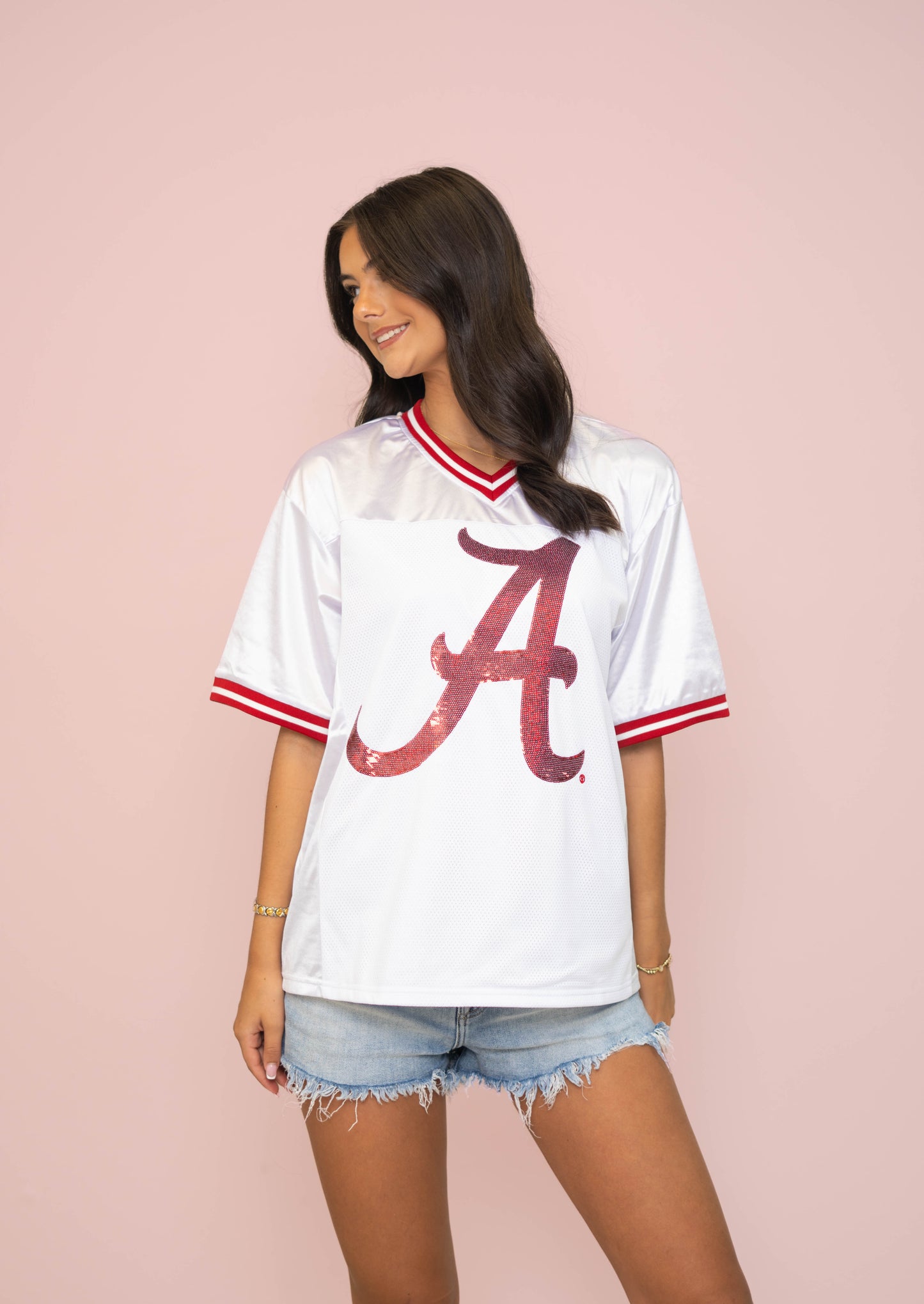 Alabama (Licensed) | Women's Sequin Design Football Jersey (White)