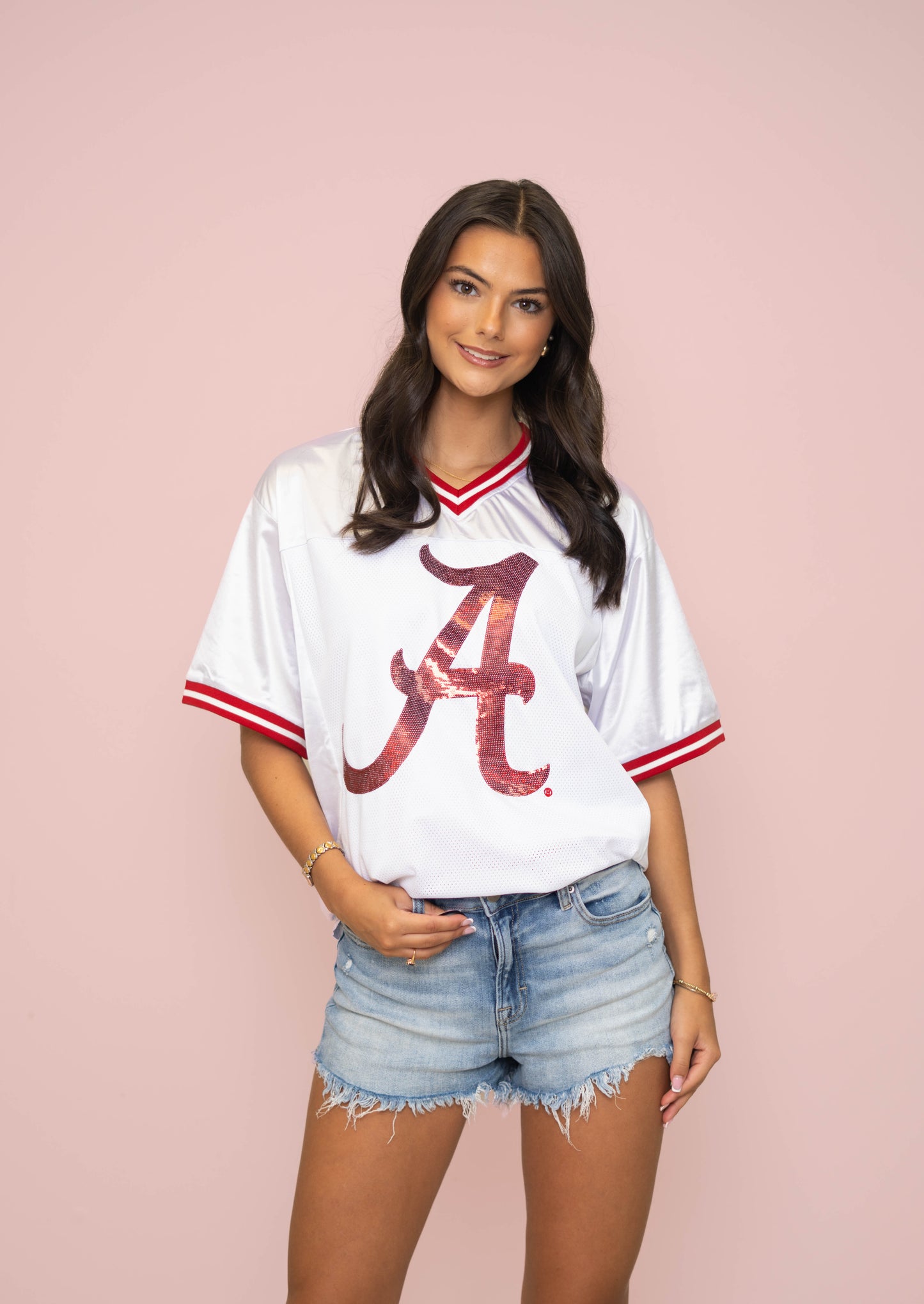 Alabama (Licensed) | Women's Sequin Design Football Jersey (White)