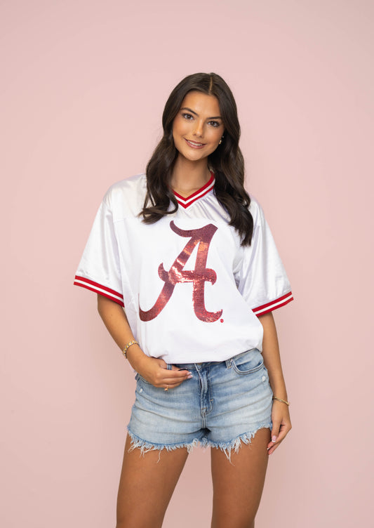Alabama (Licensed) | Women's Sequin Design Football Jersey (White)