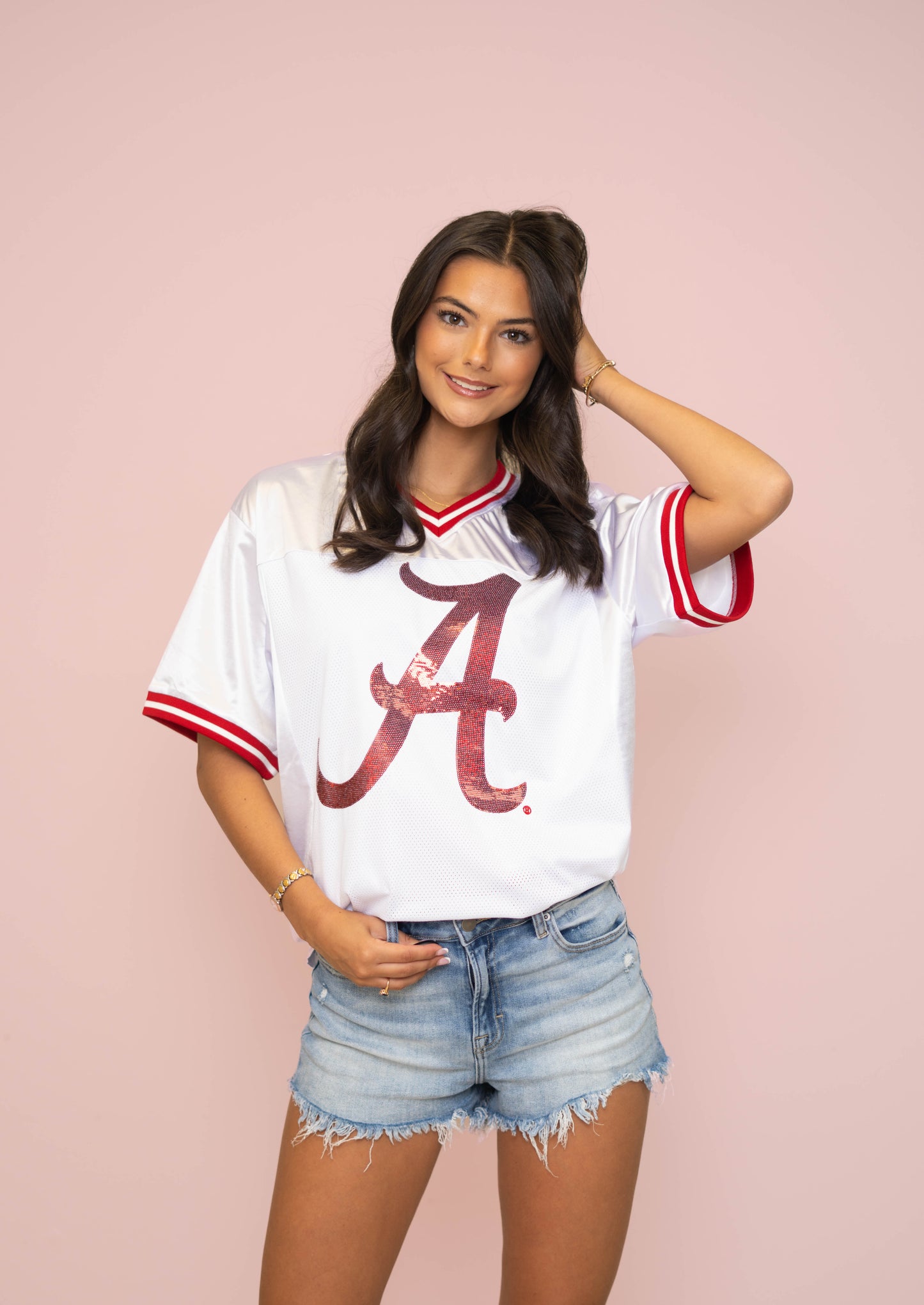 Alabama (Licensed) | Women's Sequin Design Football Jersey (White)