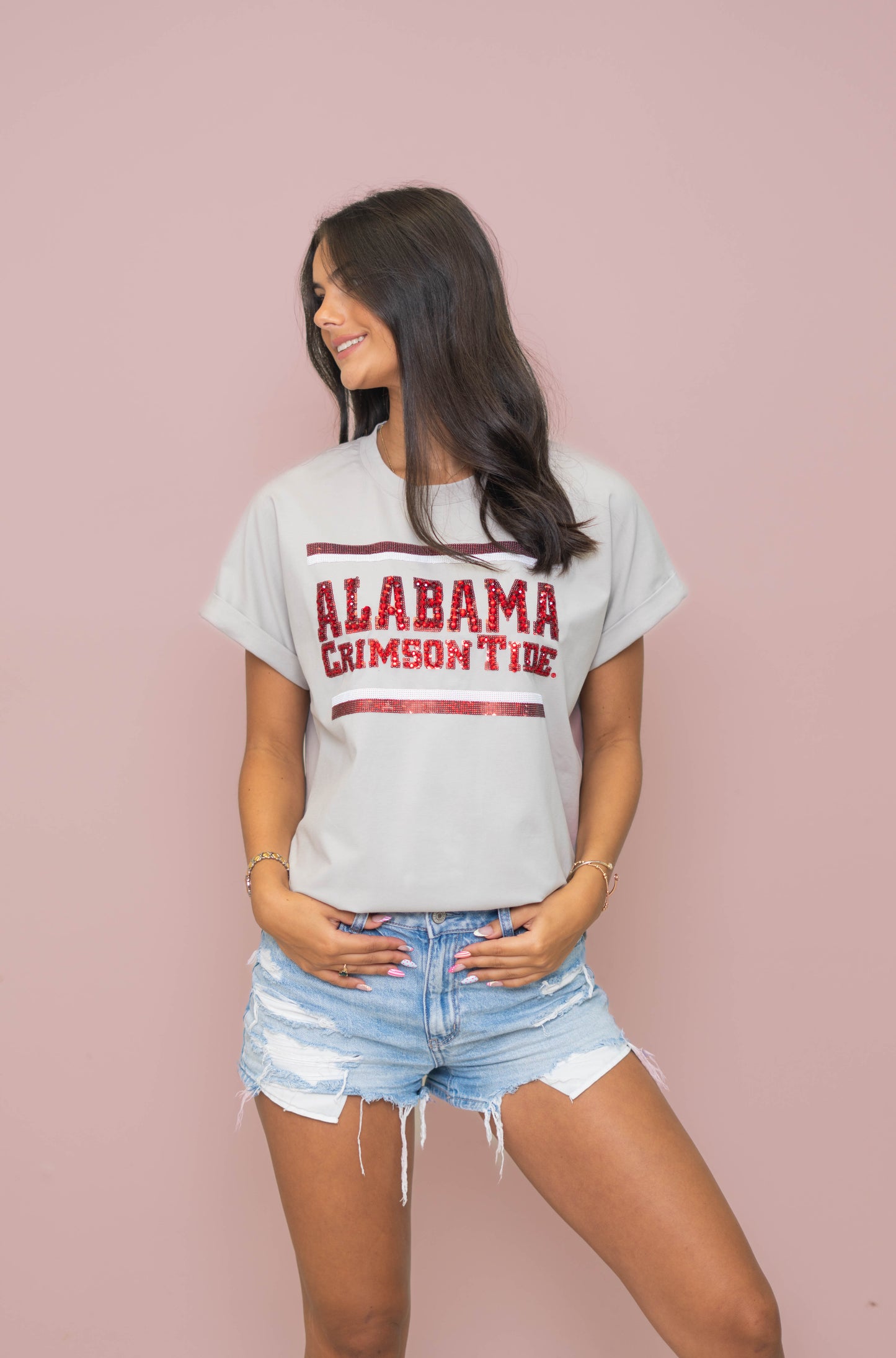 Wholesale | Alabama (LICENSED) | Women's Sequin + Jewel Design Cuff Sleeve (Gray)