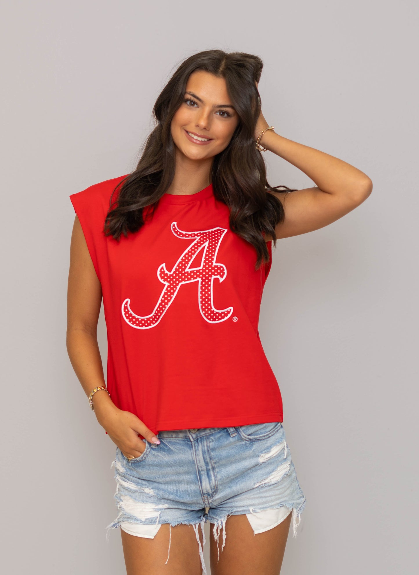 Alabama (Licensed) | Women's Polka Dot Appliqué Embroidery Boxy Tank (Red)