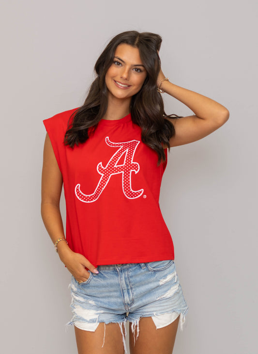 Alabama (Licensed) | Women's Polka Dot Appliqué Embroidery Boxy Tank (Red)