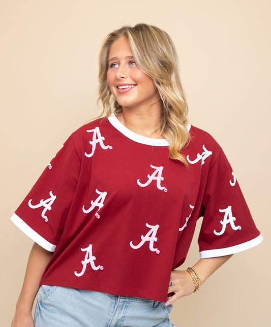 Alabama (Licensed) | Women's Oversized Scattered Crop Tee (Crimson)