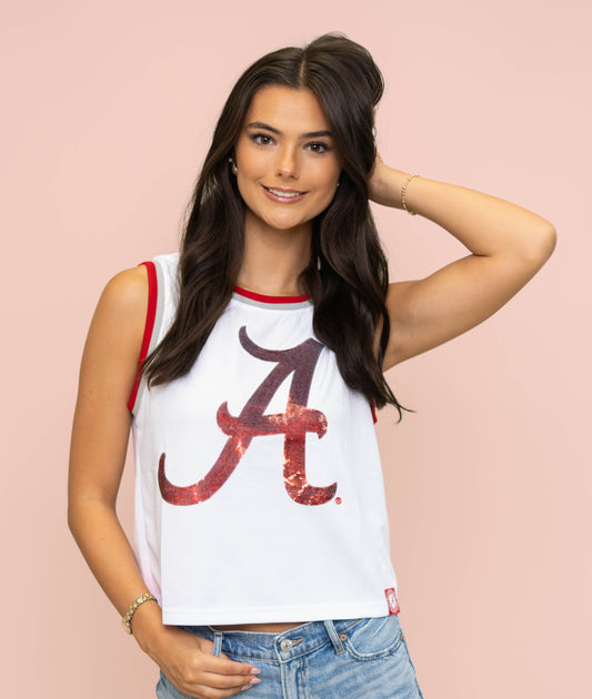 **PRE-ORDER ONLY** Wholesale | Alabama (Licensed) | Sequin Design Crop Jersey Tank (White)