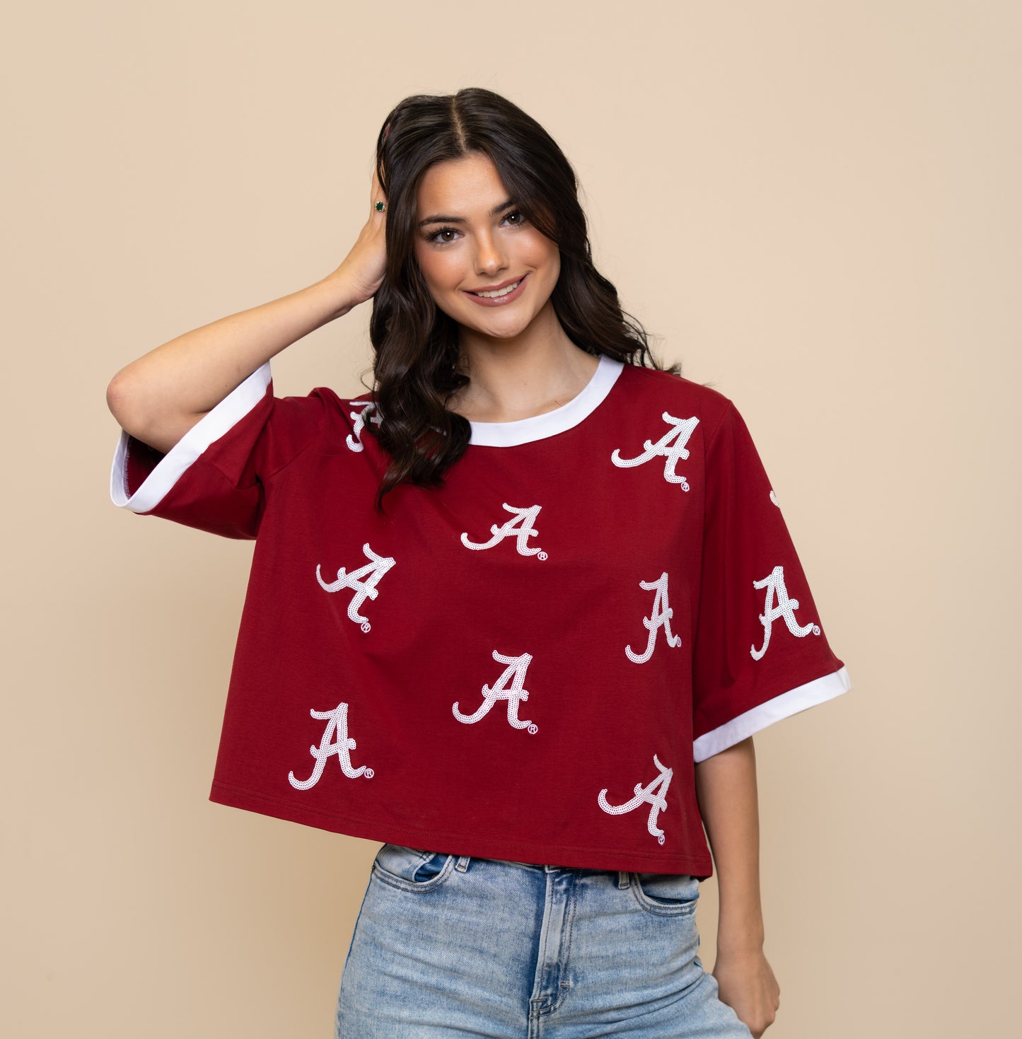 Alabama (Licensed) | Women's Oversized Scattered Crop Tee (Crimson)