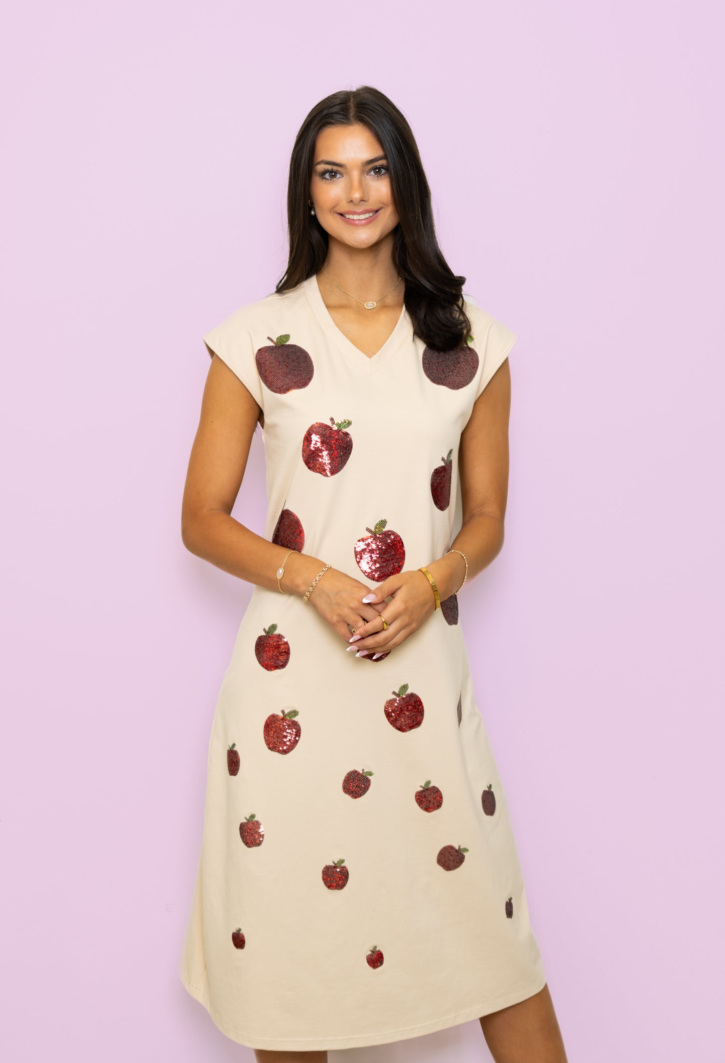 **PRE-ORDER ONLY** Wholesale | Scattered Apples | Women's Sequin Design Midi Dress (Cream)