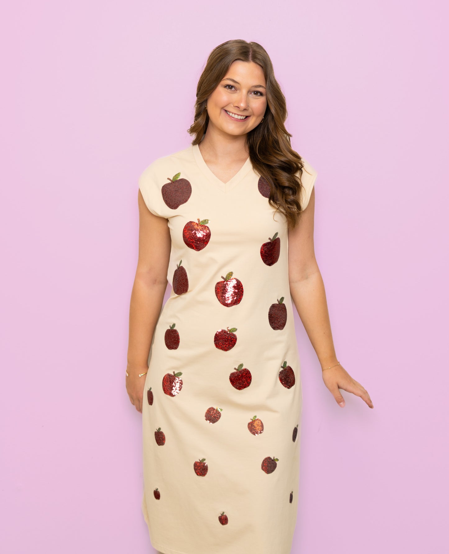 **PRE-ORDER ONLY** Wholesale | Scattered Apples | Women's Sequin Design Midi Dress (Cream)