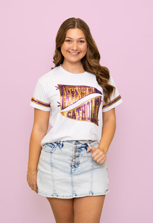 Ascension Catholic Pennant | Women's Sequin Design Tee (White)