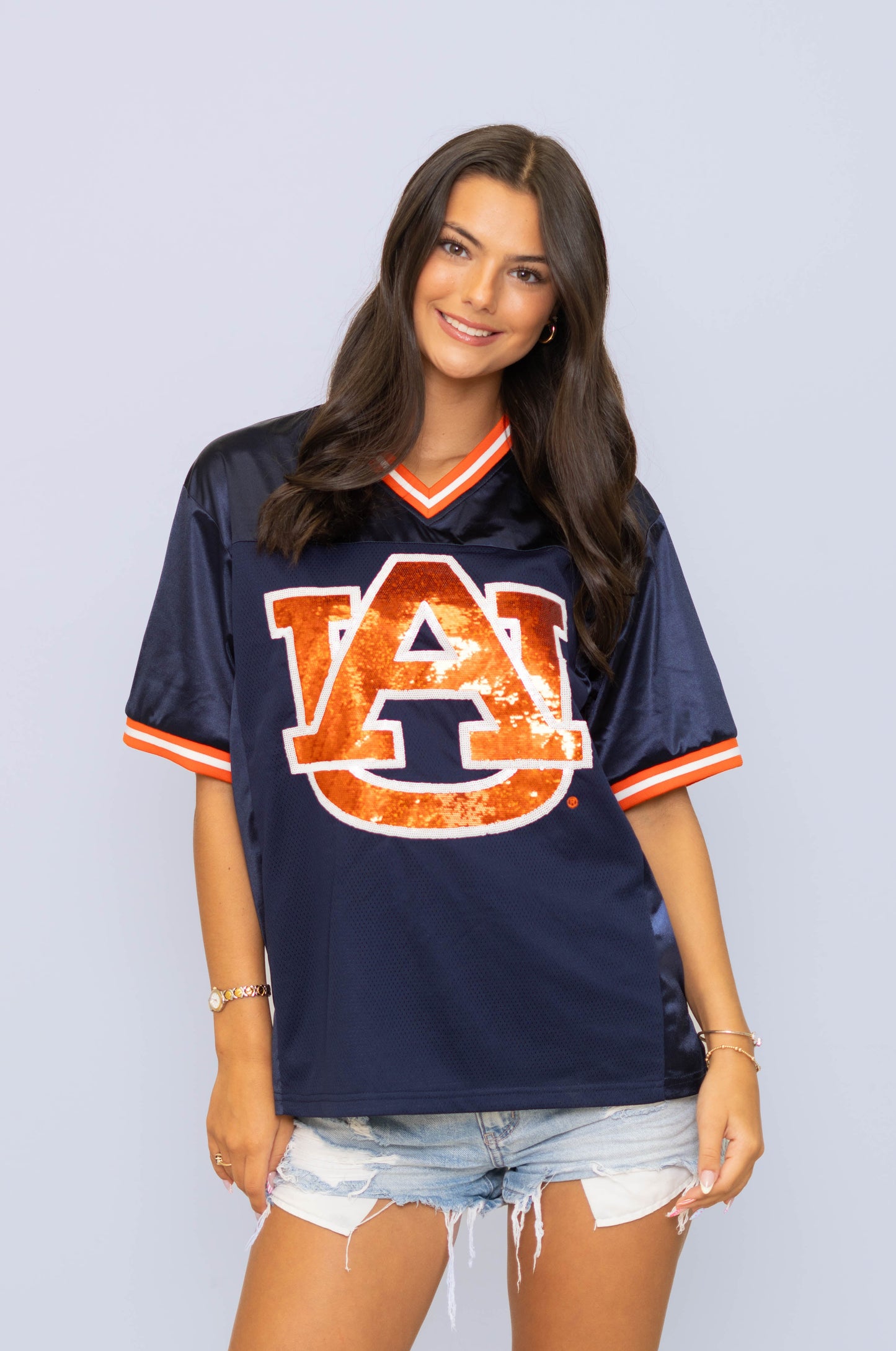 Auburn Tigers (Licensed) | Women's Sequin Design Football Jersey (Navy)