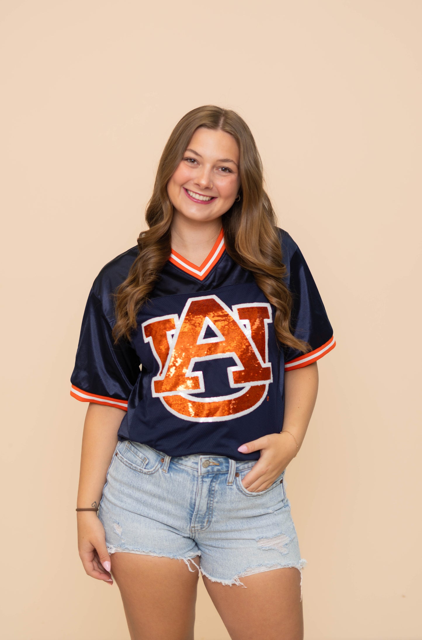 Auburn Tigers (Licensed) | Women's Sequin Design Football Jersey (Navy)