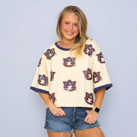 Wholesale | Auburn (Licensed) | Women's Oversized Scattered Crop Tee (Cream)