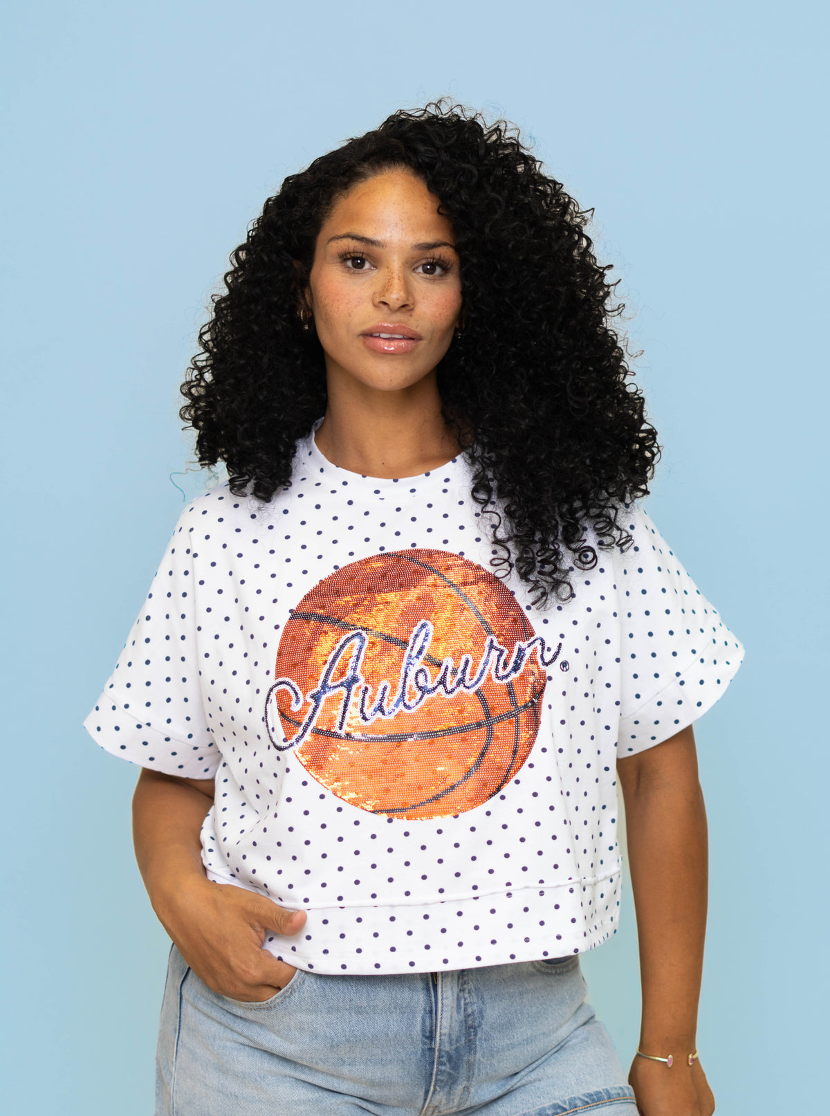 **PRE-ORDER ONLY** Wholesale | Auburn Basketball (Licensed) | Polka Dot Exposed Seam Crop (Navy Polka Dot)