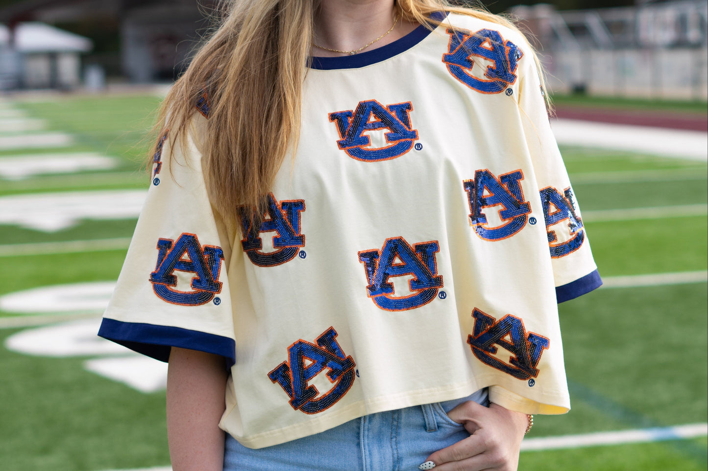 Wholesale | Auburn (Licensed) | Women's Oversized Scattered Crop Tee (Cream)