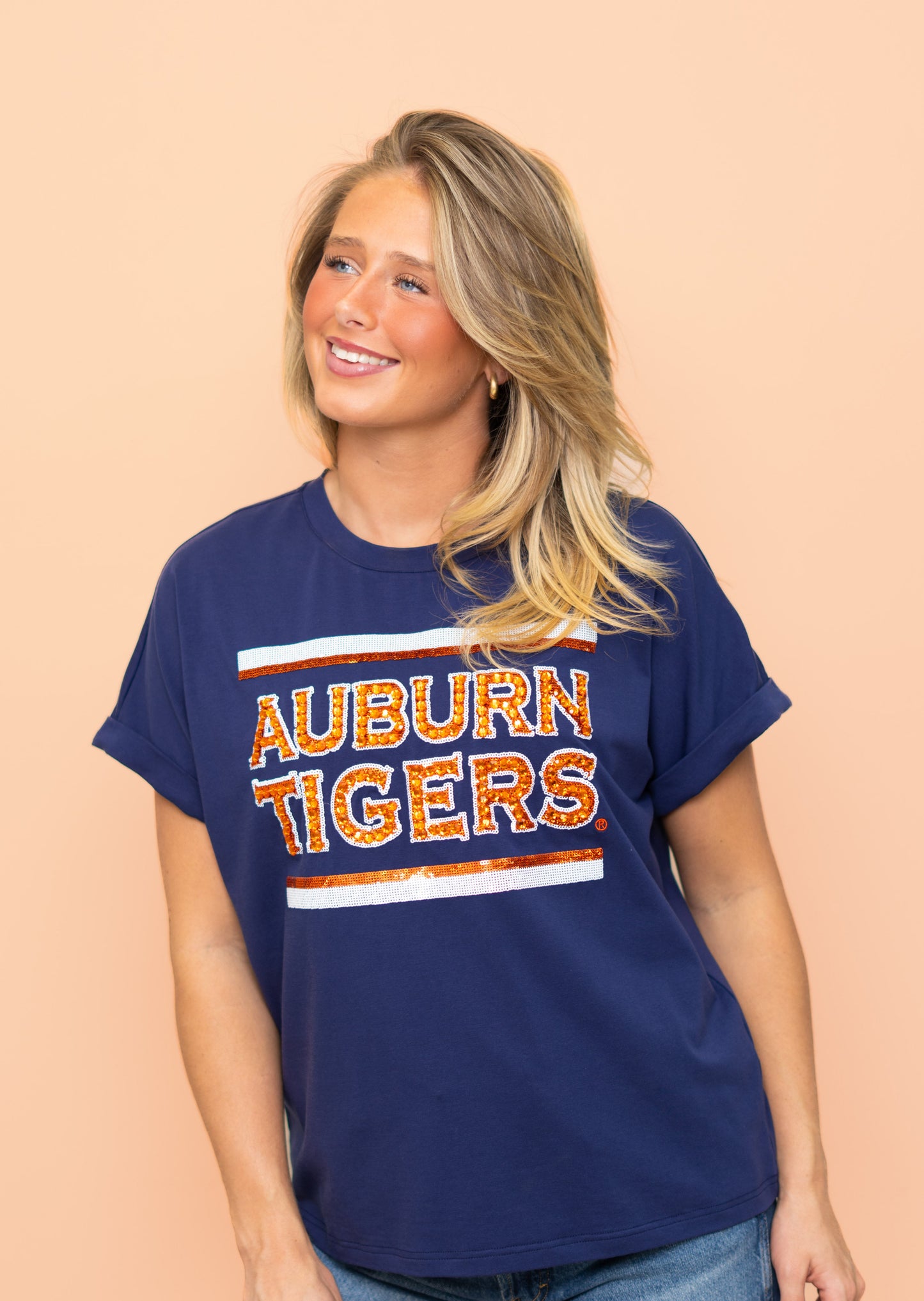 Auburn Tigers (Licensed) | Women's Sequin + Jewel Design Cuff Sleeve Tee (Navy)