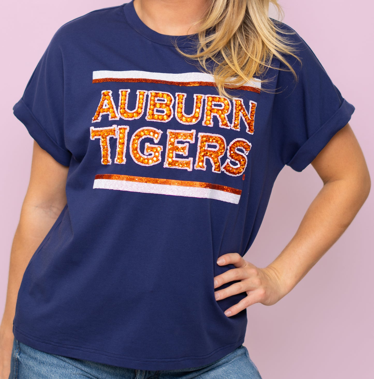 Auburn Tigers (Licensed) | Women's Sequin + Jewel Design Cuff Sleeve Tee (Navy)