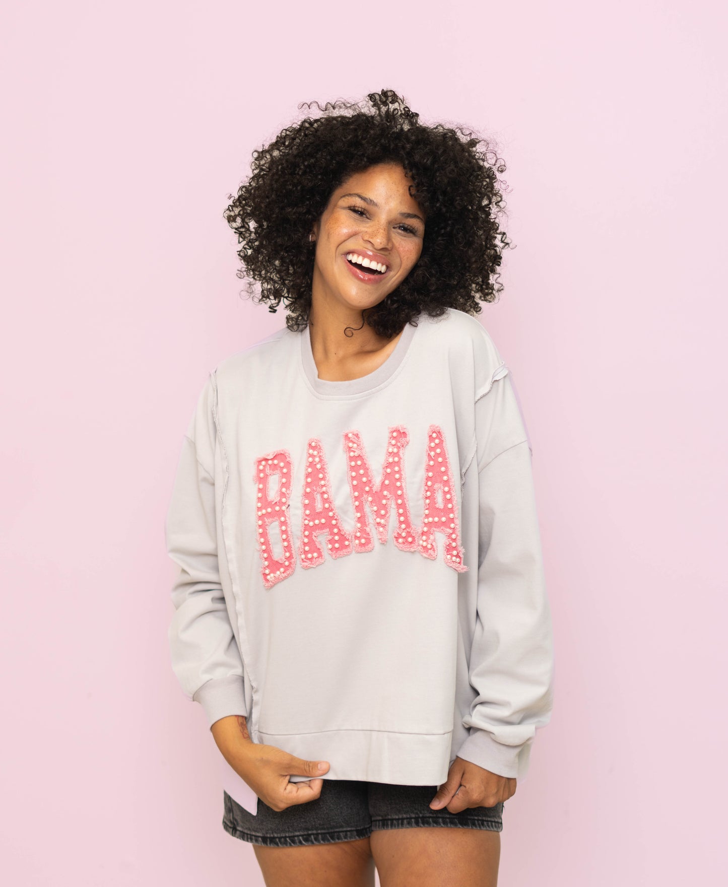 Wholesale | Bama (LICENSED) | Women's Distressed Embroidery + Pearl Pullover (Light Grey)