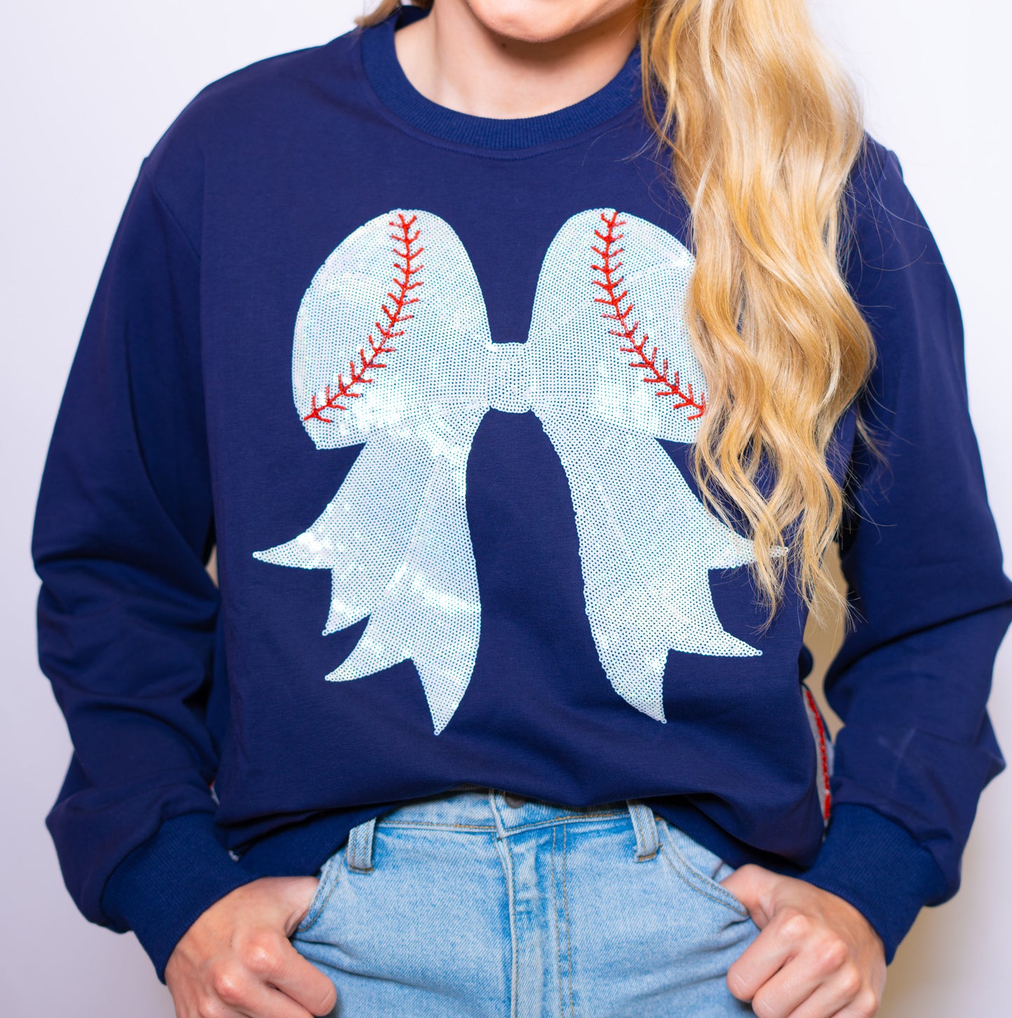 **PRE-ORDER ONLY** Baseball Bow | Women's Sequin Design Sweatshirt (Navy)