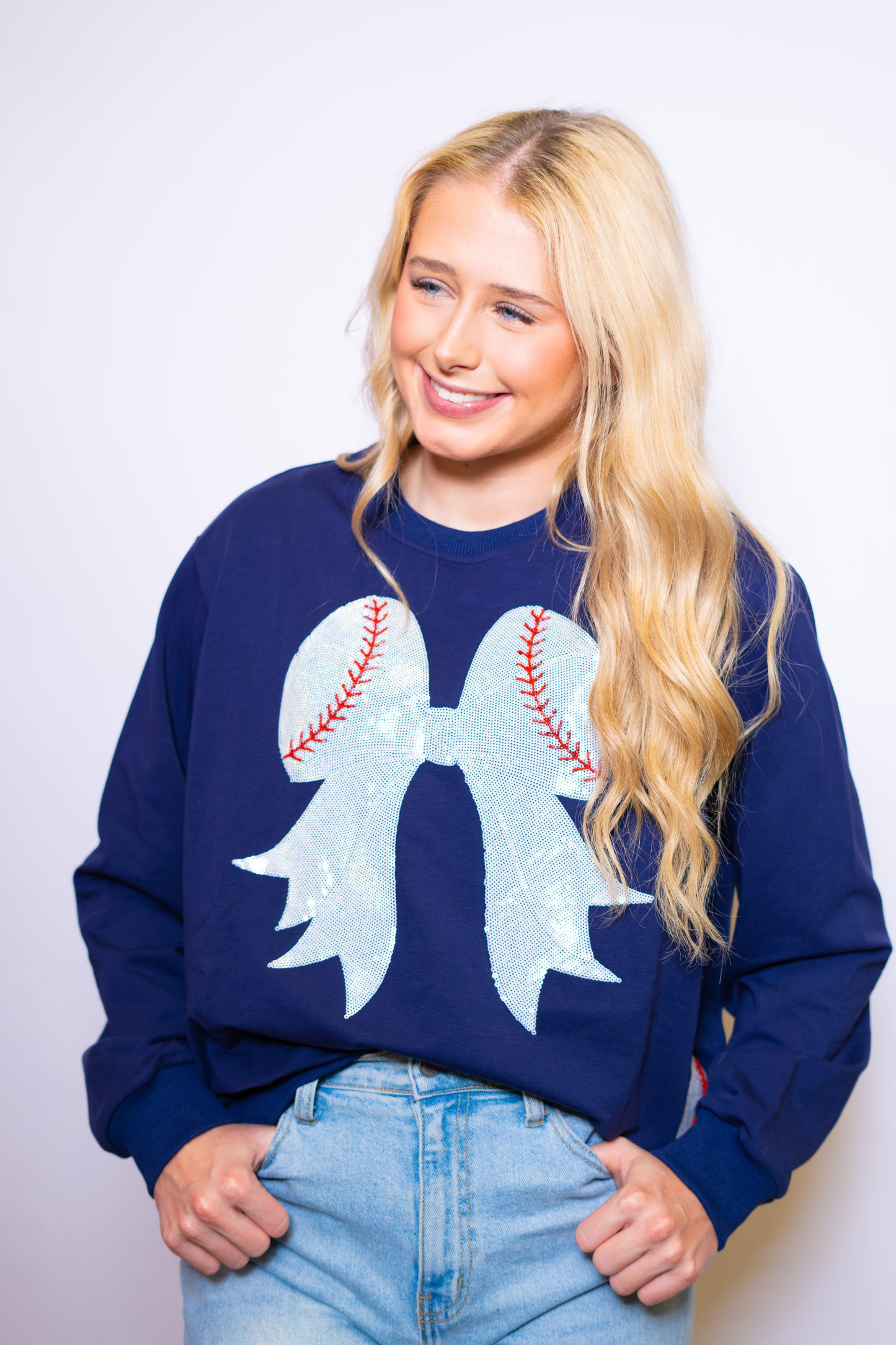 **PRE-ORDER ONLY** Baseball Bow | Women's Sequin Design Sweatshirt (Navy)