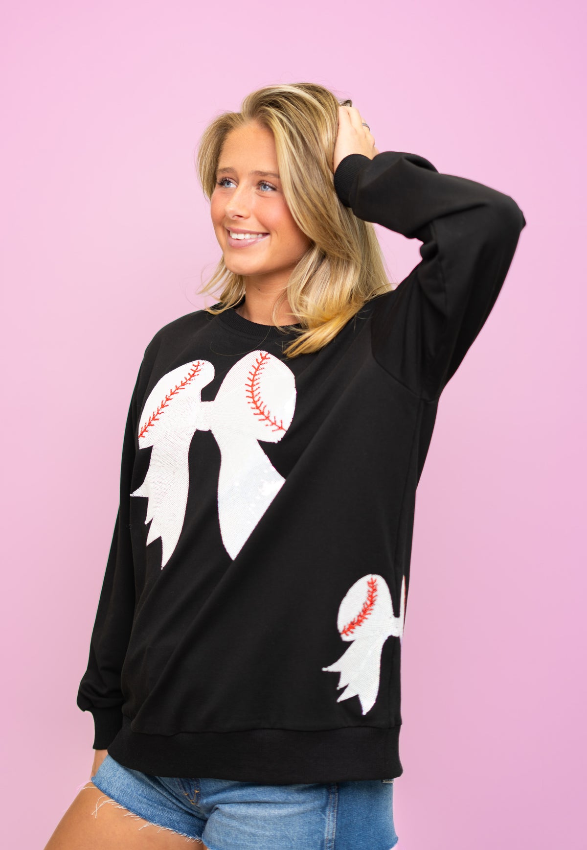 Baseball Bow | Women's Sequin Design Sweatshirt (Black)