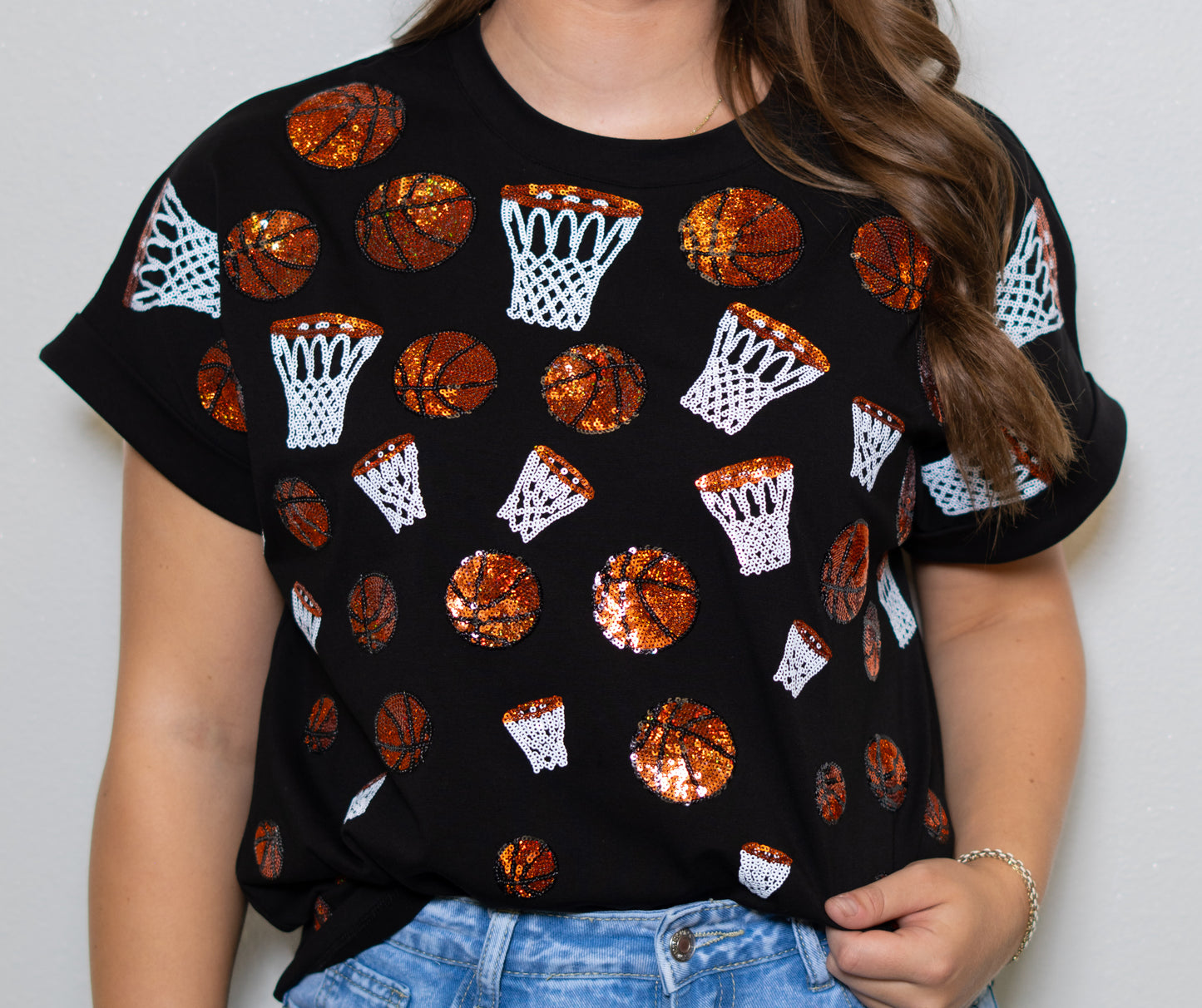 Wholesale | Scattered Basketball | Women's Sequin Design Cuff Sleeve (Black)
