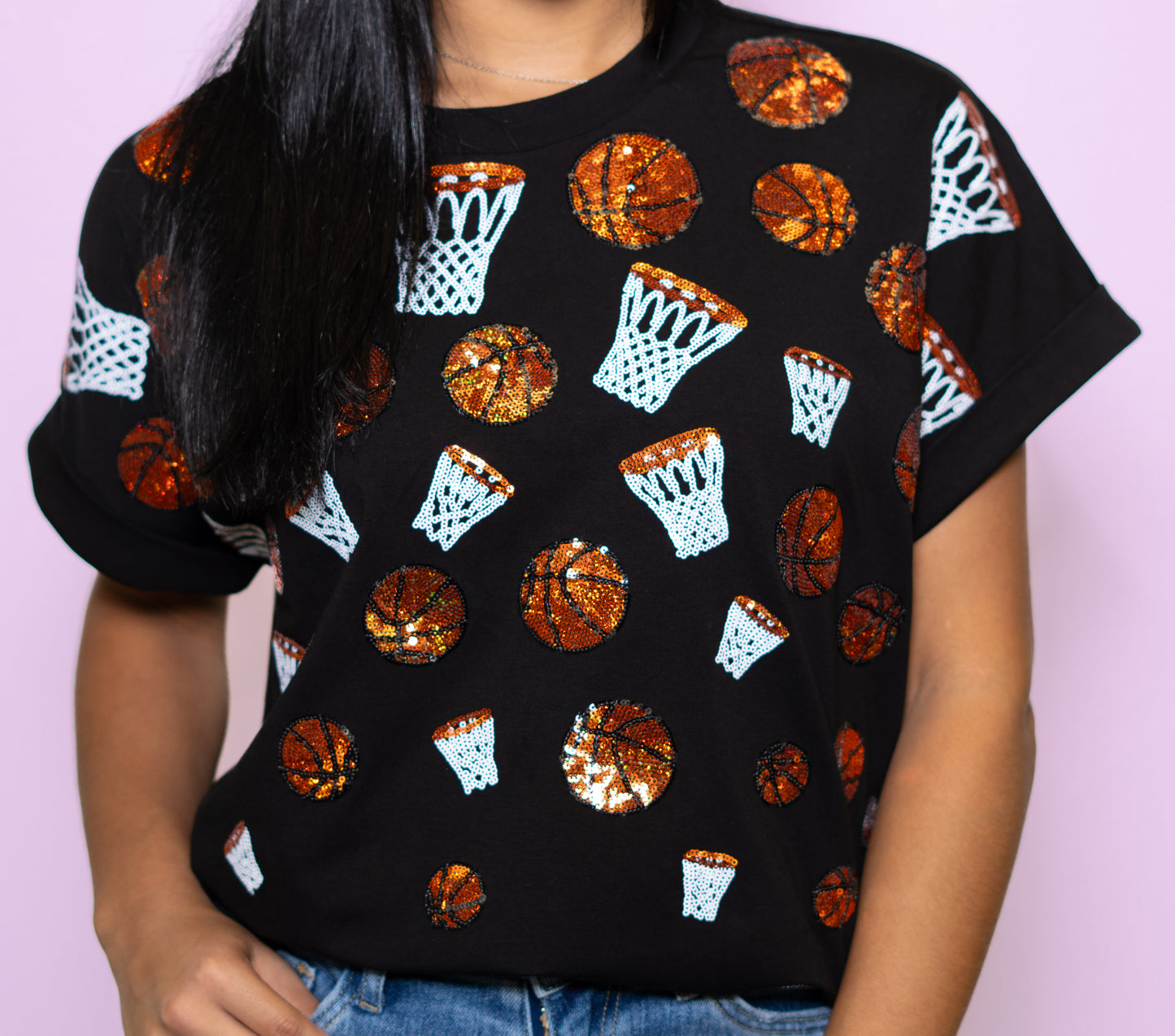 Wholesale | Scattered Basketball | Women's Sequin Design Cuff Sleeve (Black)