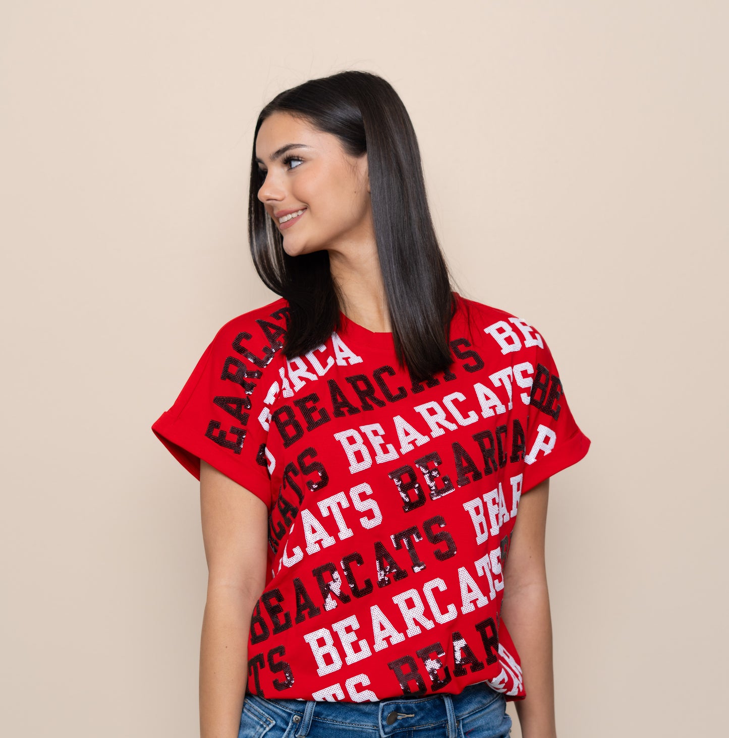 Bearcats Varsity Block | Women's Cuff Sleeve Tee (Red)
